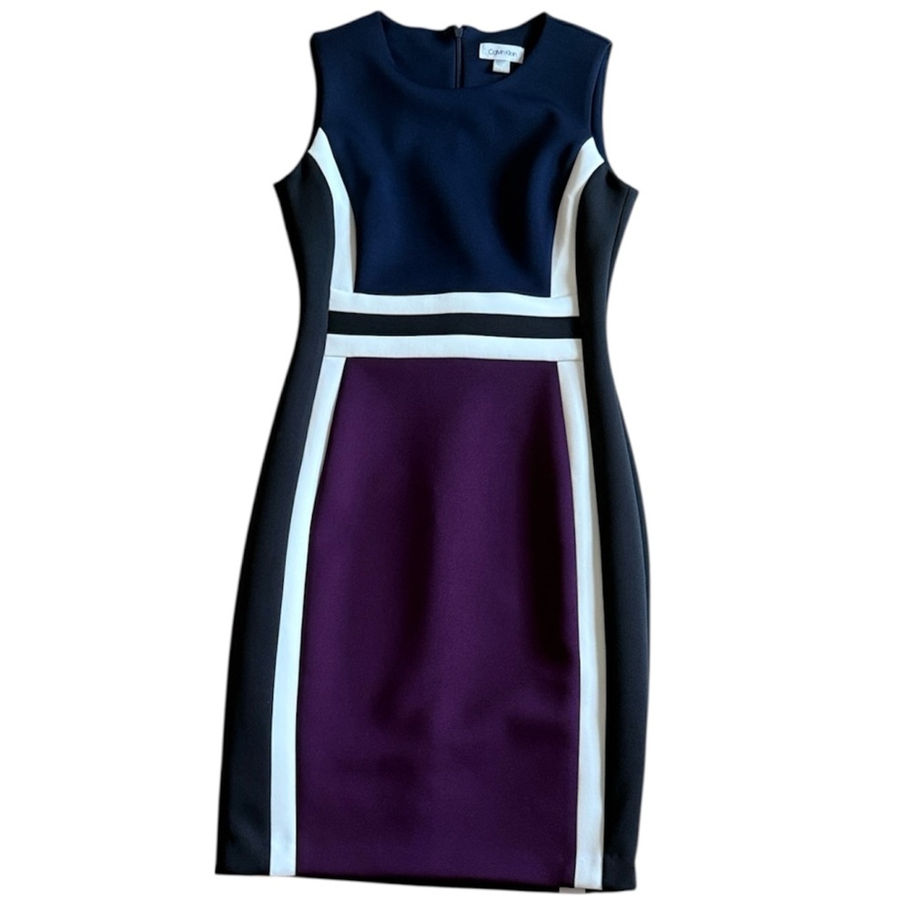 CALVIN KLEIN SLEEVELESS COLORBLOCKED NAVY & WINE SHEATH DRESS HITS AT KNEE SZ 4